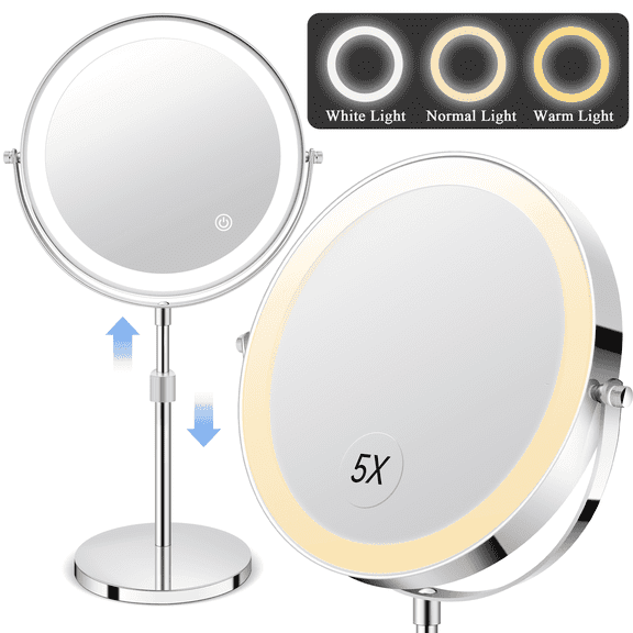 JUUTREN Makeup Mirror with 3 Color Lights, Rechargeable Vanity Mirror, 1X/5X 360 Rotation Double Sided Magnifying Makeup Mirror, 4"Height & Brightness Adjustable, 8"travel Mirror with Detachable Base