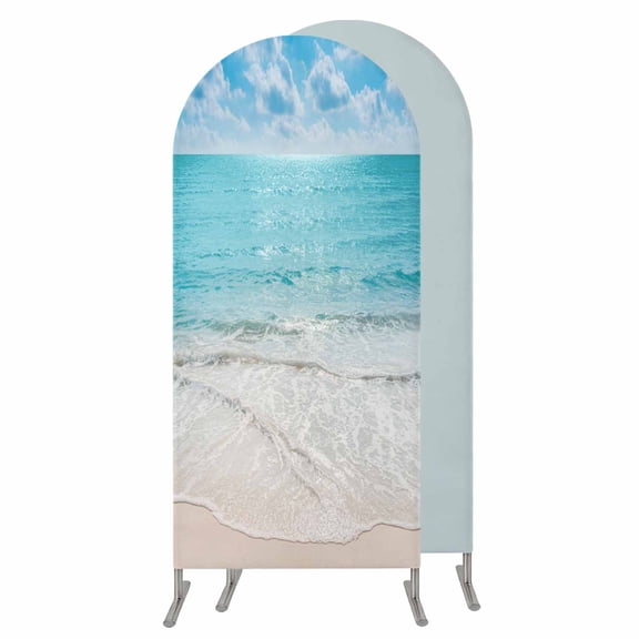 Summer Beach Wedding Arch Cover, Stretchy Spandex Arch Backdrop Stand Covers 7.2 FT, Blue Coastal Ocean Seaside Nautical Round Top Arched Backdrop Cover for Birthday Party Ceremony Baby Shower Event