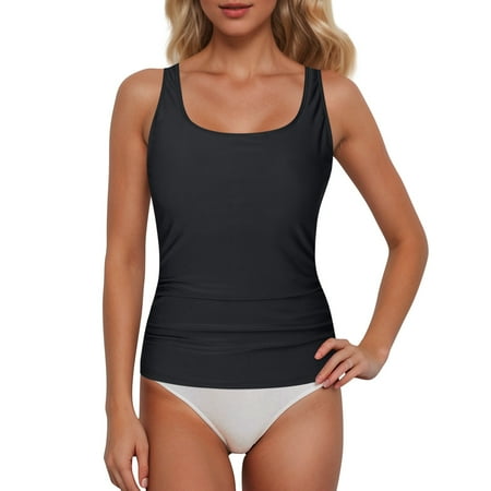 Swim Suits For Women Solid Color Round Neck Spaghetti Strap Sleeveless Full Coverage Slim Bikini Camisole Tops Push Up Swim Crop Top Swimwears Holiday Wear Black XXL