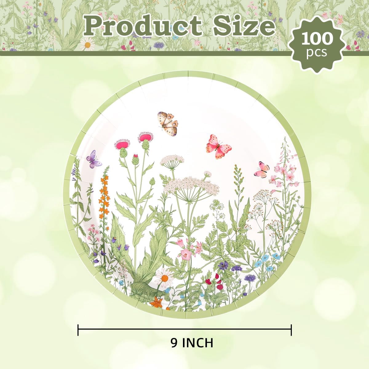 100pcs Floral Paper Plates 9 inch Wildflower Party Plates Disposable Spring Summer Dinner Paper Plate for Birthday Wedding Baby Shower Tea Party Bridal Shower