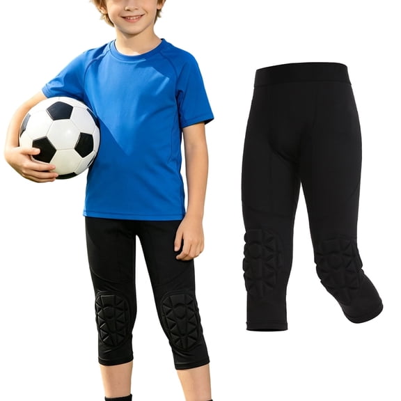 Kids Basketball Leggings with Knee Pads Boys Athletic Tights Capris Sports Football Legging Pants for Youth Black, Size 6Y
