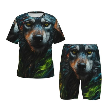 Luyuia Realistic Style Green Fur Wolf Print Girls  2-Piece Tie-Dye Pajama Set  Cute Summer Loungewear with Shirt and Tank Shorts Nightwear-4X-Large