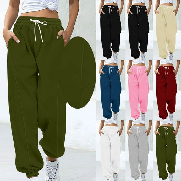 YHAJDS Women Winter Casual Pants,Plus Size Sweatpants,Casual Pants For Women Solid Color Drawstring Elastic Waist Sweatpants With Side Pockets And Ribbed Cuff
