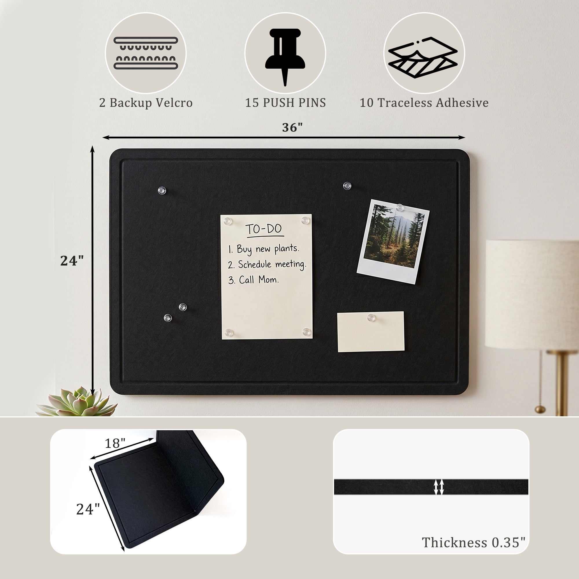 Easy4Home Large Felt Bulletin Board 36"x24" Foldable Frameless Picture Board, Soft Felt Cork Board Pin Board, Black