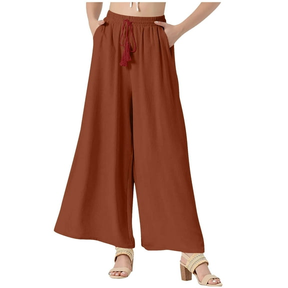 WCMZJ Womens Flowy Wide Leg Pants Casual Summer Beach Elastic Waist Trousers Trendy Business Work Pants with Pockets Brown L