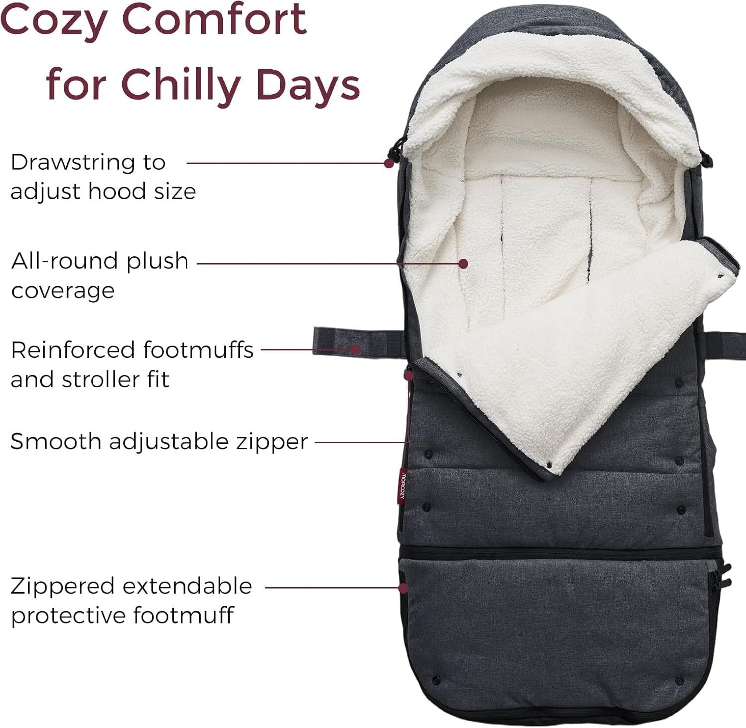 Momcozy Stroller Footmuff Universal | Easily Attaches to Most Strollers | Ultra-Plush,Weather-Proof | Deluxe Warm Stroller Bunting Bag | Extendable Stroller Cover for Winter | Adjustable Buckle,Black