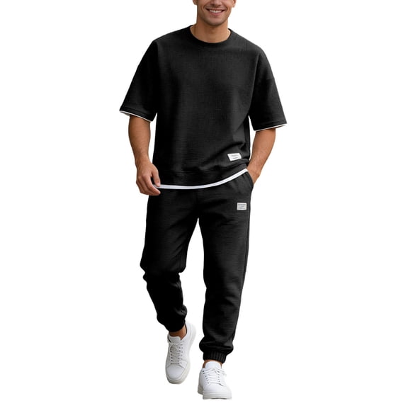 CONZONE Mens Summer 2 Peice Set Casual Outfits for Men Solid Color Short Sleeve Tshirts Pants Cozy Lightweight Athletic Jogging Tracksuit