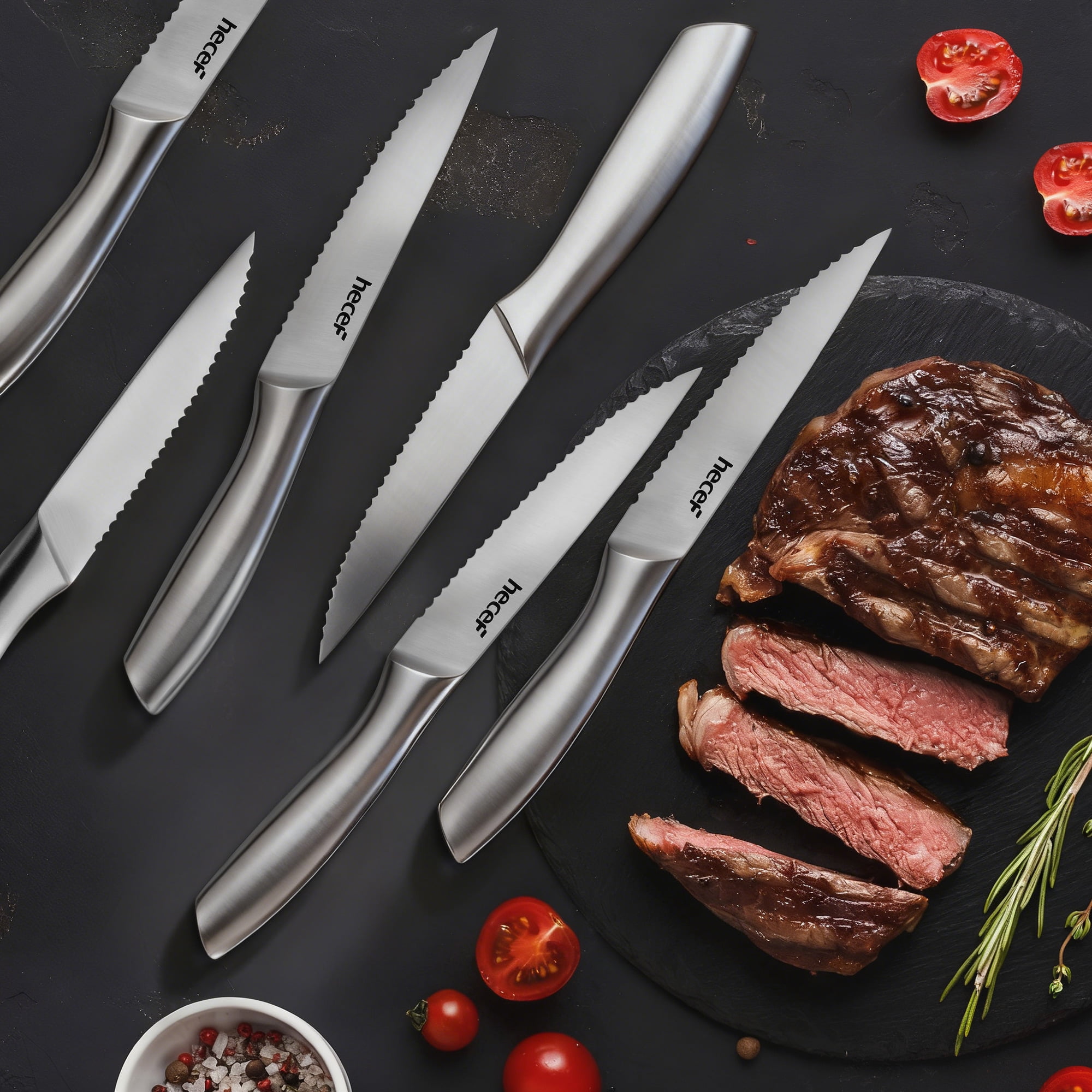 Hecef All-Steel Steak Knife Set of 6, High-Carbon Stainless Steel Serrated Edge Dishwasher safe Knives