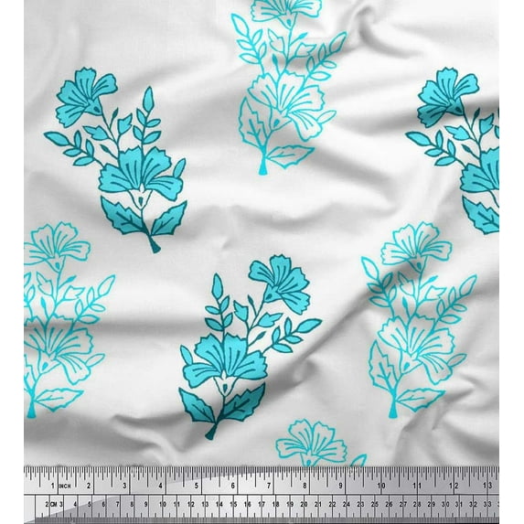 Soimoi Poly Georgette Fabric Leaves & Floral Block Printed Fabric 1 Yard 42 Inch Wide