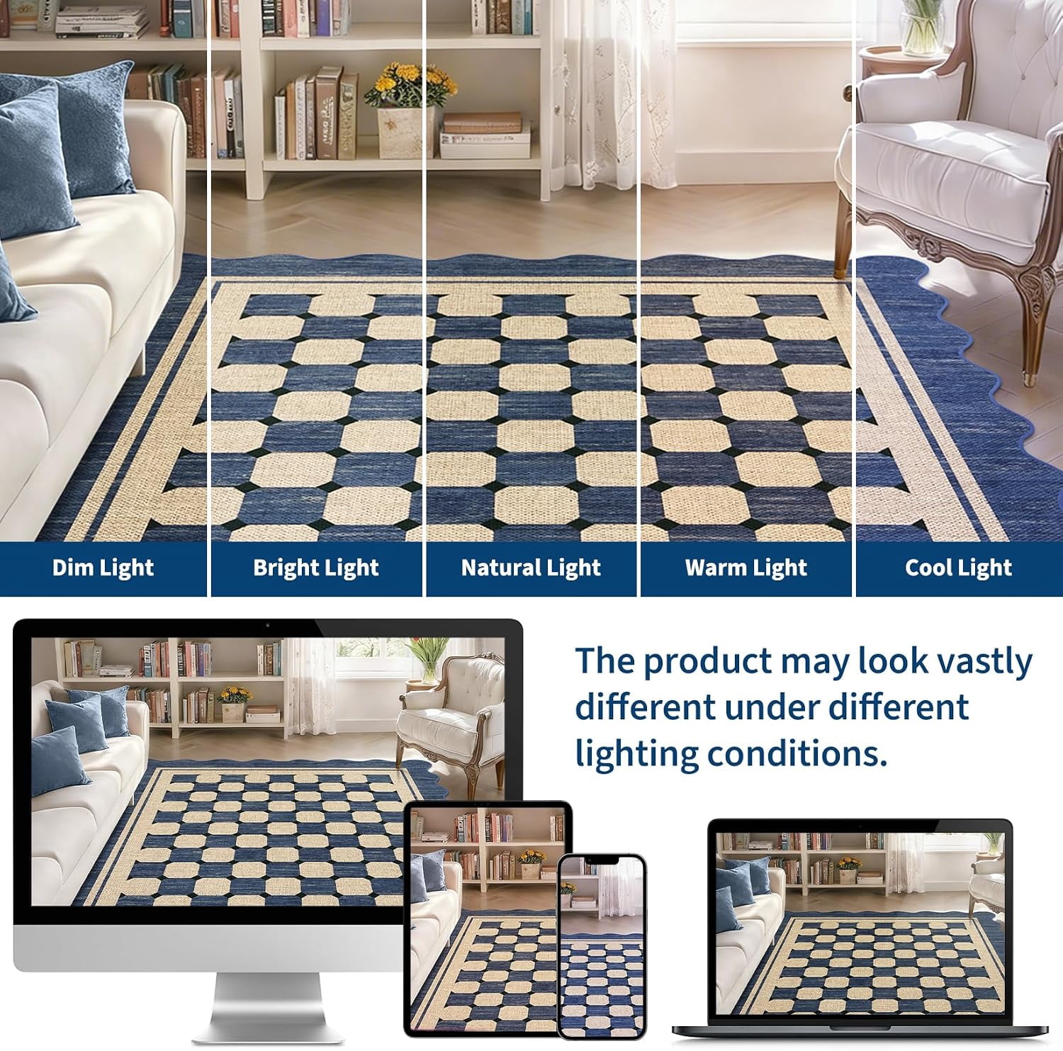 8x10 Washable Area Rug, Non-Slip Scalloped Checkered Design, Modern Farmhouse Indoor Outdoor Rug for Living Room Patio, Navy