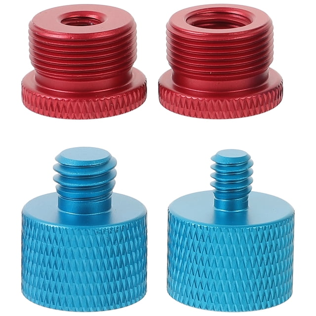 Miangastore 4pcs mic stand adapters in red and blue metal finishes, designed for microphones and stands. Includes specifications like 3/8 female to 5/8 male and 5/8 female to 1/4 male, offering wide compatibility and durability. Ideal microphone accessories for stable installation.