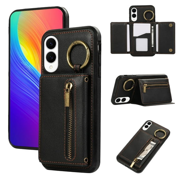 Wallet Function Case for Samsung Galaxy S25 Edge with Shoulder Strap, Elegant Card Holder Ring Stand Flip Zipper PU Leather Card Slots Phone Case Cover Women Girls for Galaxy S25 Edge, Black