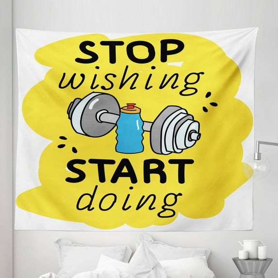 Fitness Tapestry, Stop Wishing Start Doing Inscription Dumbbells Water Sports Doodle Style, Fabric Wall Hanging Decor for Bedroom Living Room Dorm, 5 Sizes, Multicolor, by Ambesonne