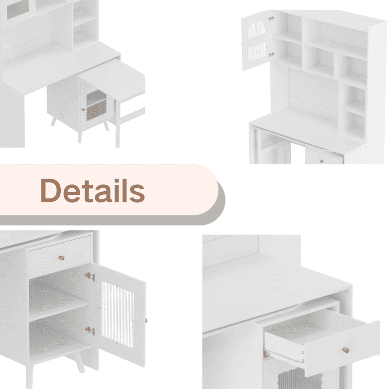 Bellemave L Shaped Desk with 90° Rotating Desktop, Home Office Computer Desk with Storage Cabinets and Shelves, Farmhouse Corner Writing Desk for Study or Small Space, White