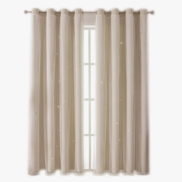 Cortina Lisa Con Tul Y Diseño Estrella De 100×130 Cm 2 Pzs. Beige