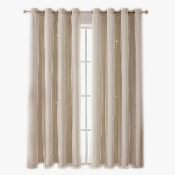 Cortina Lisa Con Tul Y Diseño Estrella De 100×130 Cm 2 Pzs. Beige