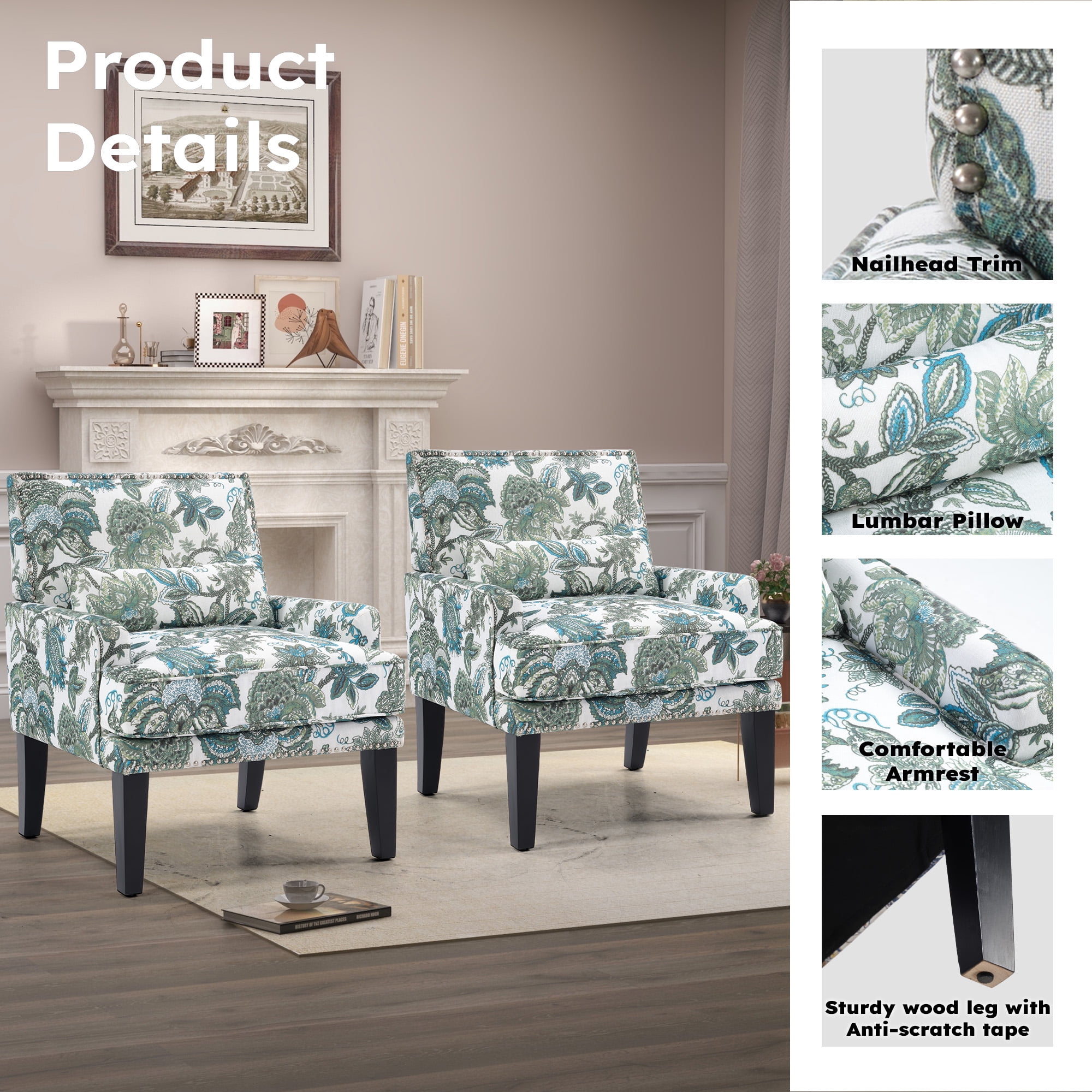 Bonzy Home Modern Floral Print Accent Chair with Arms and Wooden Legs, 2-Pack Mid‑Century High‑Back Wing Chair with Padded Armrests & Cushioned Seat for Living Room, Blue Green Floral