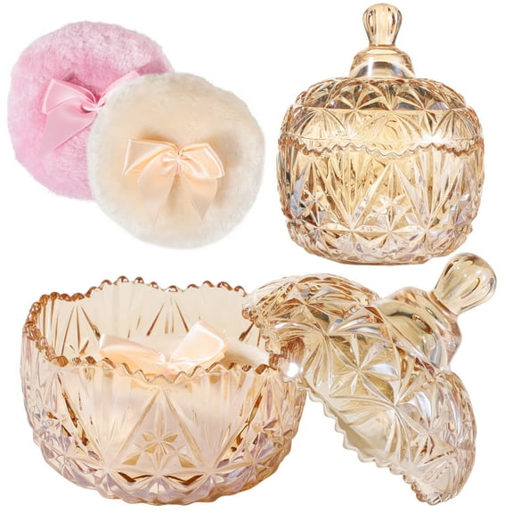 3 PCS Glass Powder Puff Container Set, Decorative Amber Diamond Pattern Crown Jar with Lid, Large Powder Puffs, Ideal for Adult Body Powder Application