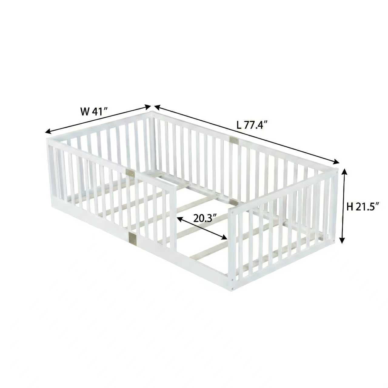 Sailvan Twin Floor Bed with High Fence Railings, Solid Rubber Wood Kids Platform Bed Frame White