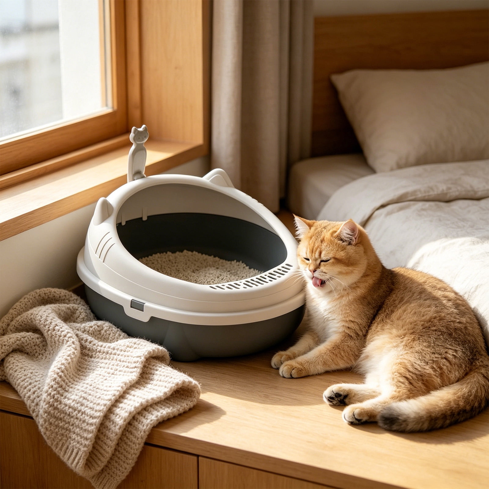2026 New Open Top Cat Litter Box, High Wall Semi Enclosed Pet Litter Tray for Home Living Room, Non Slide Bottom & Easy to Clean, 16.54x14.17x6.69in Gray