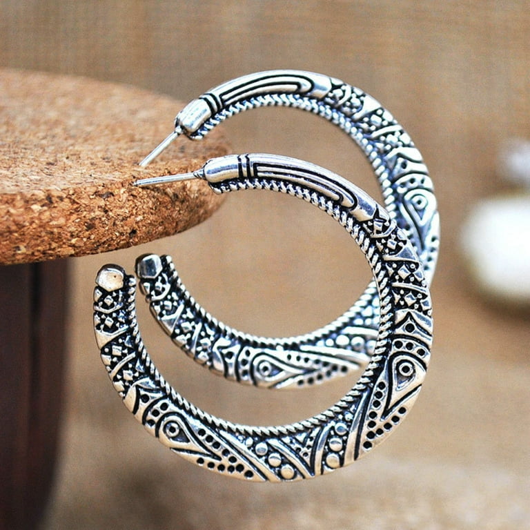 Anvazise Vintage Big Circle Tibetan Carving Hoop Earrings Women
