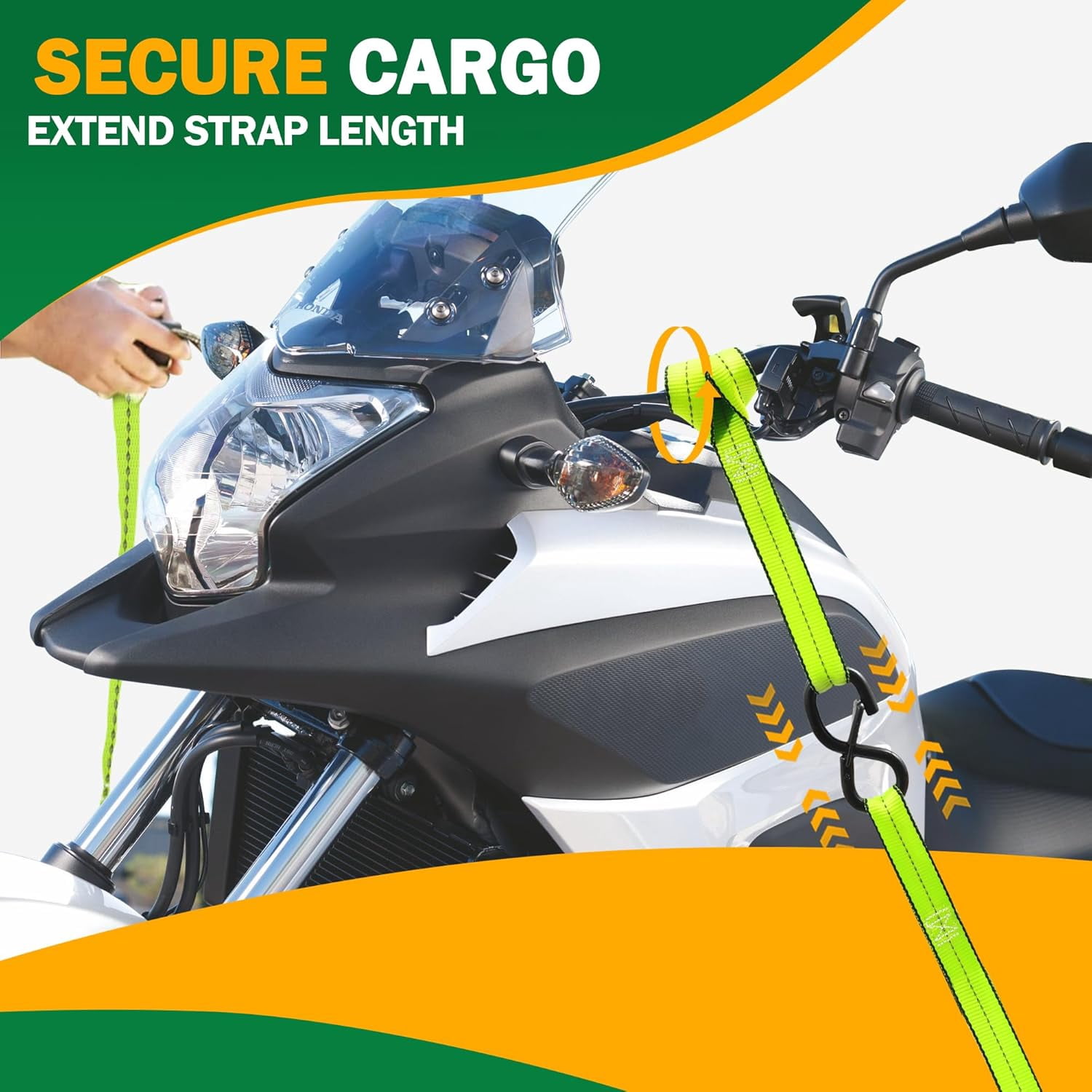 STARLEAPARTS Heavy Duty Automatic Ratchet Motorcycle Tie Down Straps (4 Pack, Green, 15ft) - 2100lb Break Strength, Auto-Ratcheting Type, Soft Loop Tie-Downs for Cargo, Trucks & Appliances