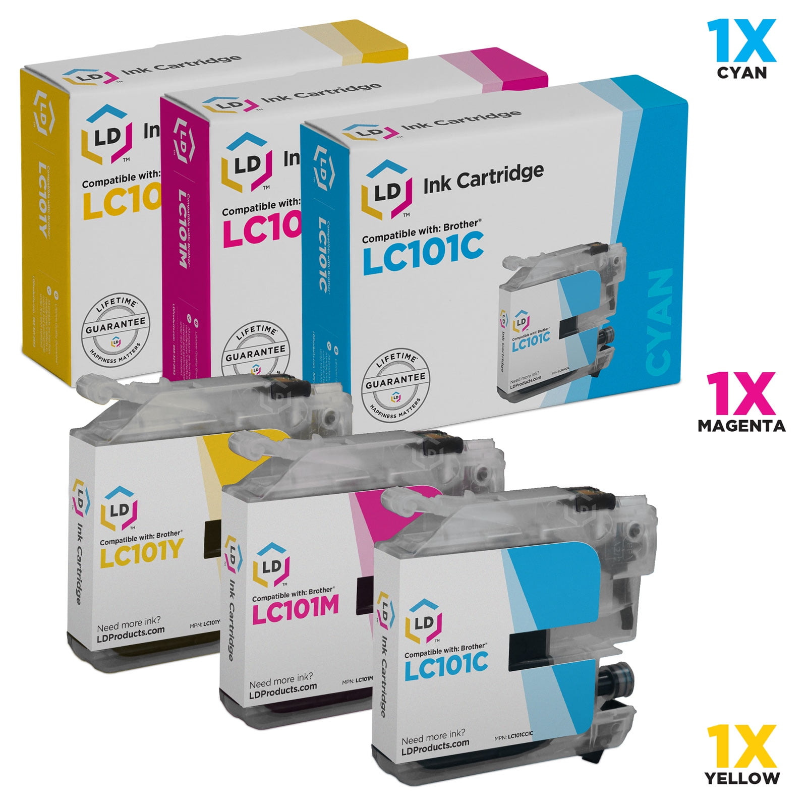 LD Compatible Brother LC101 Set of 3 Ink Cartridges (Cyan, Magenta, Yellow) for DCPJ152W, MFC