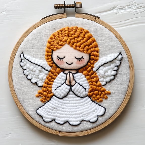 DIY Punch Needle Kits Cute Praying Angel Easy for Beginners Punch Needle Embroidery Set for Craft lovers with Printed Pattern and Hoop for Home Decor 20x20cm-3