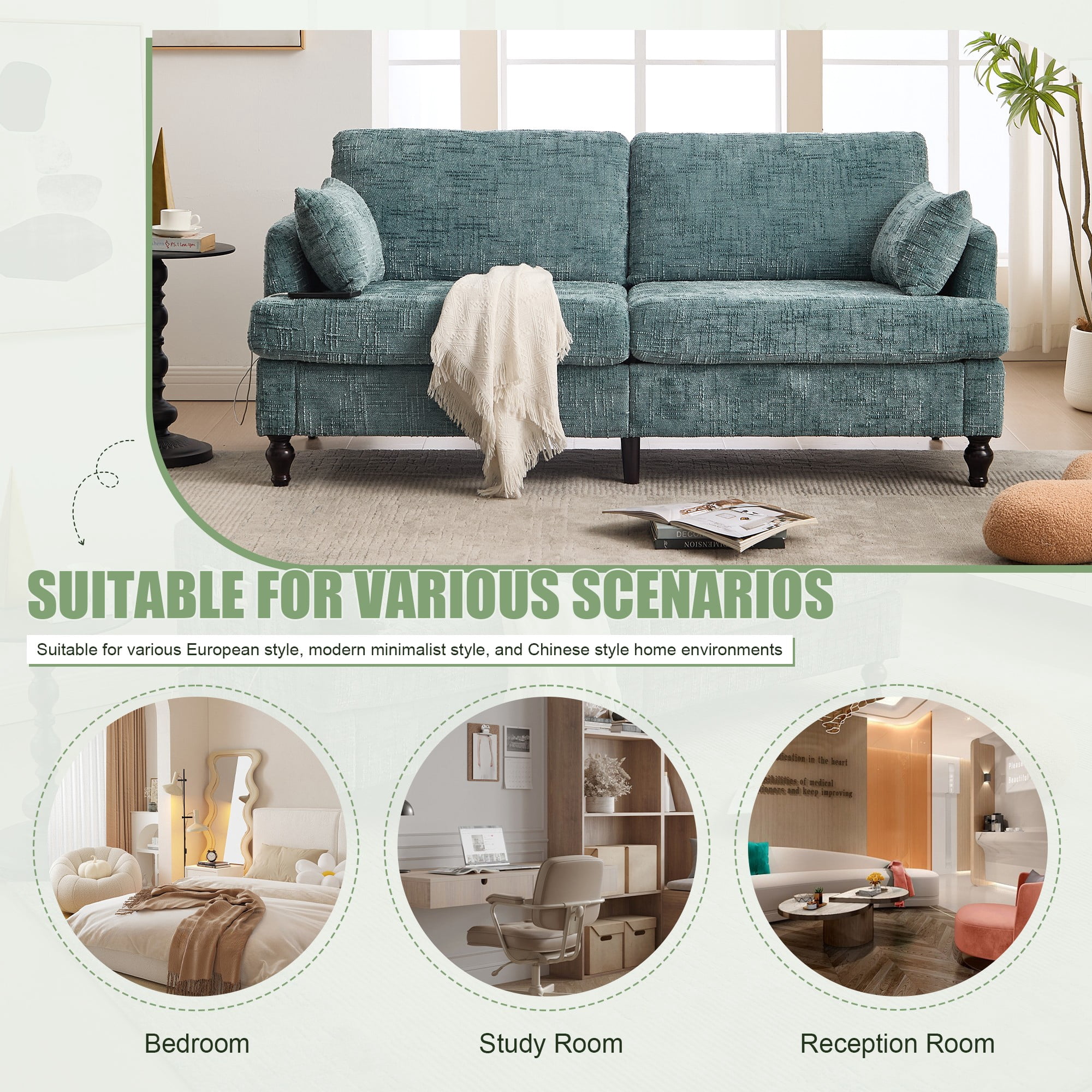 68.9" Sofa Couch,Modern 2 Seater Upholstered Loveseat Sofa Couch with LED light&USB for Living Room,Bedroom,Lake Blue
