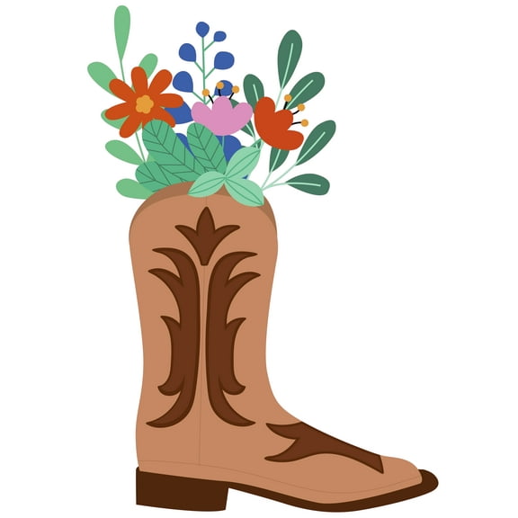 Brown Cowboy Boot Multicolored Flowers Vinyl Home Living Room Wall Decoration Sticker 20" x 28" Flower Vase Boot Design Easy To Apply Kids Bedroom Floral Art Adhesive Wall Decal