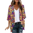 thumbnail image 2 of Cardigans for Women,Chiffon Summer Kimono Cardigan 3/4 Sleeve Open Front Beach Kimono Hawaiian Floral Printed Lightweight Casual Beach Cover Up Plus Size Gold M, 2 of 5