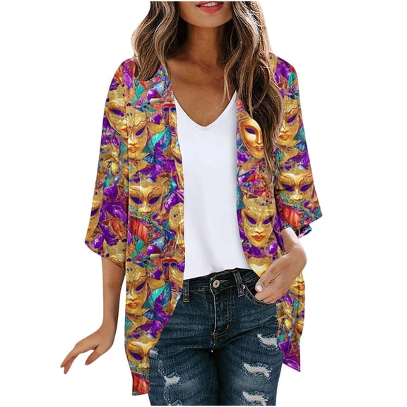 Cardigans for Women Plus Size 2026 Summer Fashion Carnival Sunscreen Casual Print Chiffon 3/4 Sleeve Cardigan Top