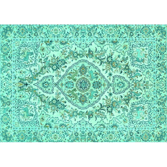Ahgly Company Machine Washable Indoor Rectangle Medallion Turquoise Blue Traditional Area Rugs, 2' x 5'