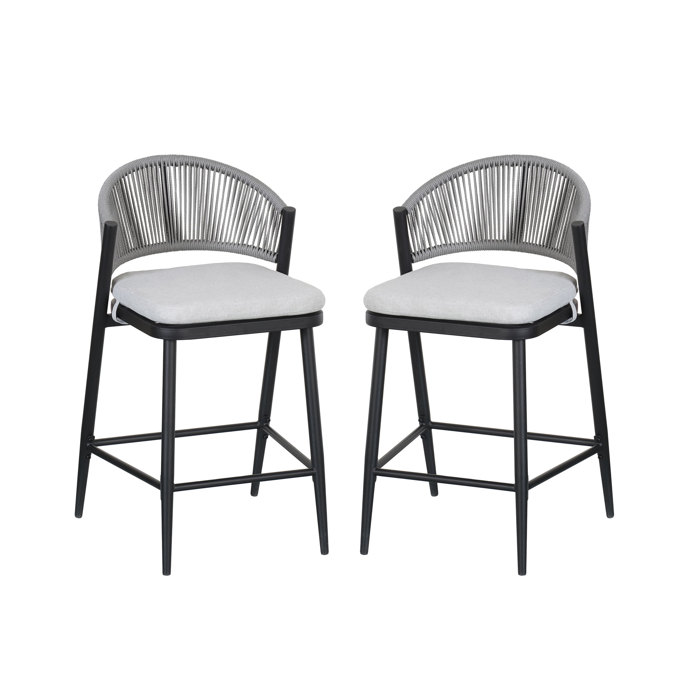 Amara Modern Outdoor Patio 26"H Counter Stools with Wicker Backrest, Iron Frame, Water-Resistant Cushion, Matte Black, Set of 2