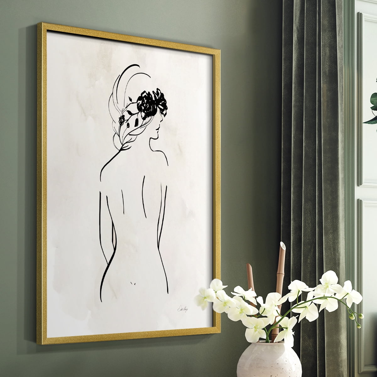 Romantic Line Art I in Gold Solid Wood 8 x 10 Framed Print