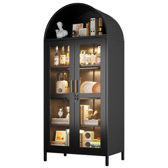 78.7'' H Metal Arched Bookcase Cabinet with 3 LED Strips, Lockable Glass Door Display Cabinet for Living Room, Home Office, Black