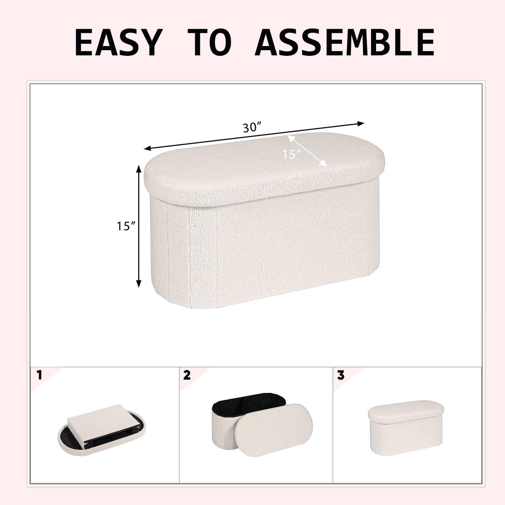PINPLUS Storage Ottoman Bench Tufted Oval Ottoman Bench Foot Rest Velvet Bench with Storage 30" White