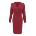 thumbnail image 3 of Bramtres Midi Dresses,Bodycon Dresses,Women Dress Solid Color Long Sleeve Deep V Neck Pleated Long Tight-Fitting Dress,Petite Dresses,Long Sleeve Dress,Modest Dresses,Red Dress,L, 3 of 6