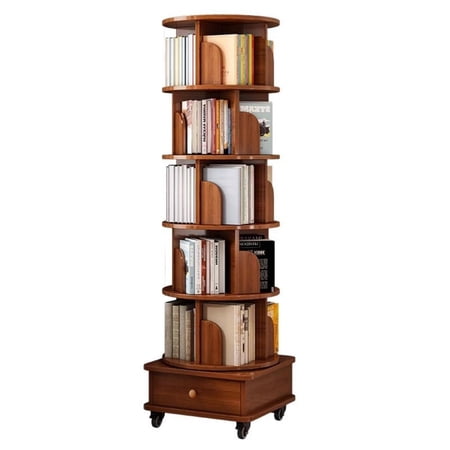 Rotating Bookshelf 360 Display Corner Bookshelf for Small Space 6 Tier Bookcase Storage Rack with Wheels Wood Narrow Organizer for Bedroom Living Room Study Room Walnut Brown Shelves Bookcase