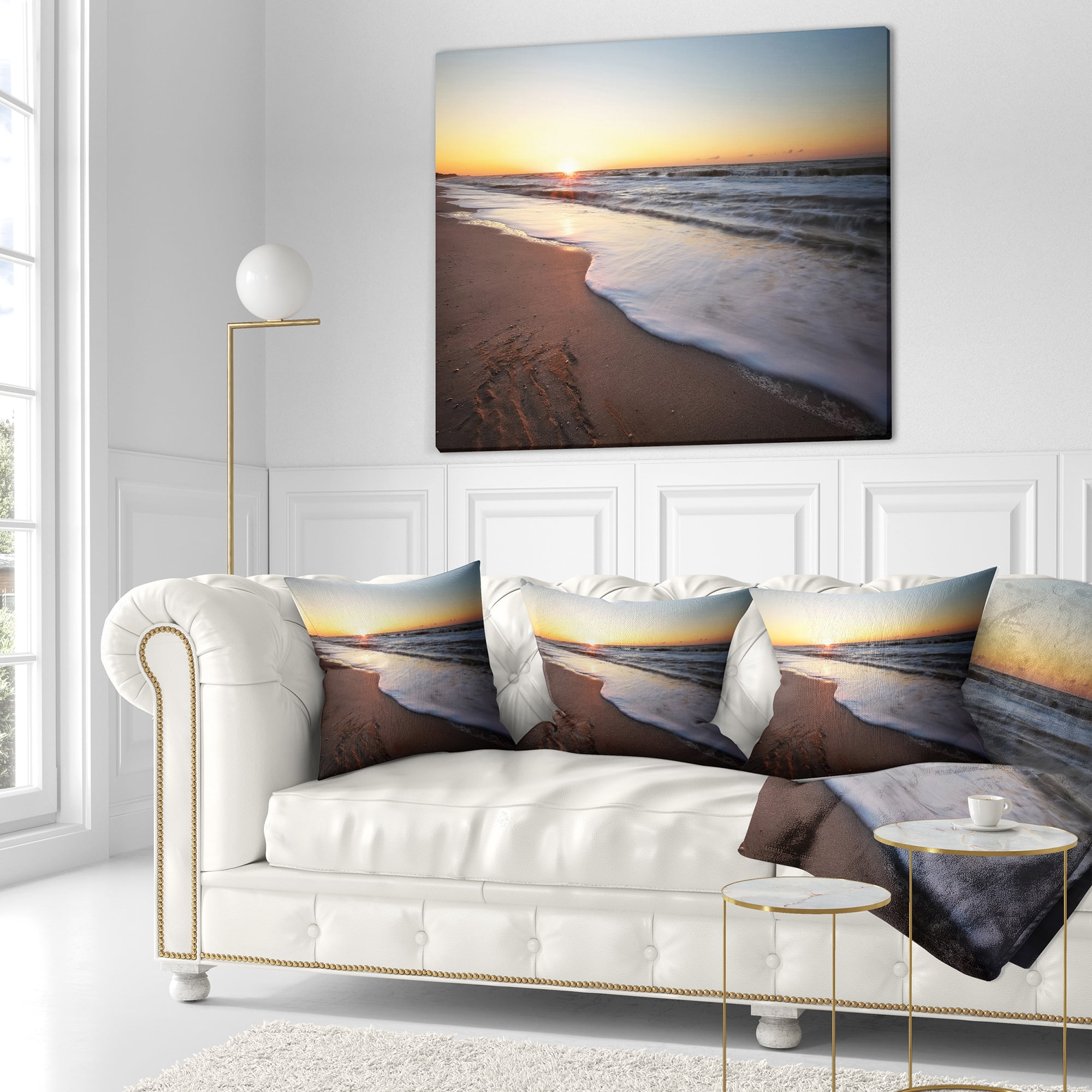 Designart Seashore under Fiery Sunset Sky - Modern Seashore Throw Pillow - 18x18