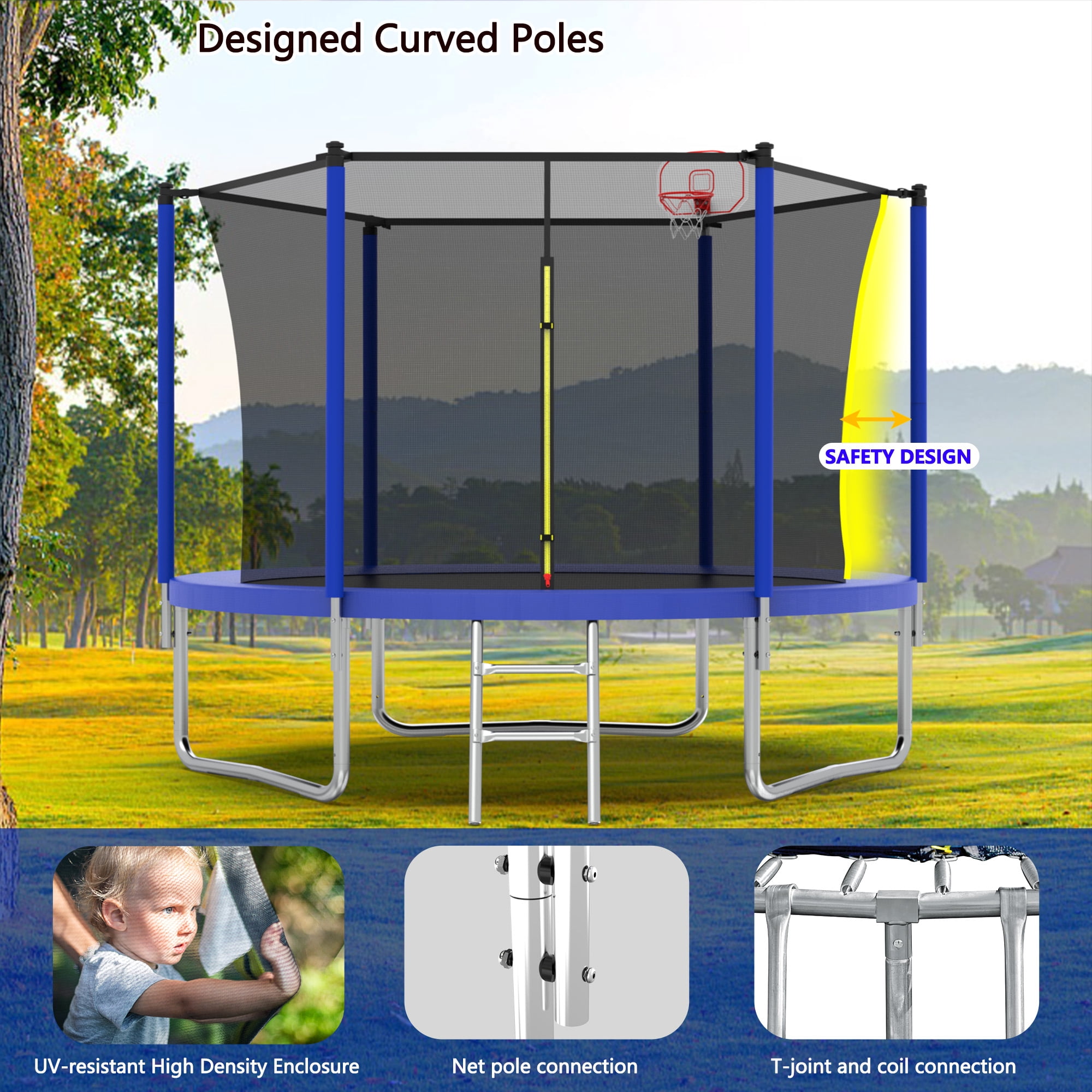 Yoneston 8FT Outdoor Trampoline with Basketball Hoop, 240LBS Round Trampoline with Ladder and Safety Enclosure for Kids and Adults in Backyard Garden, Blue