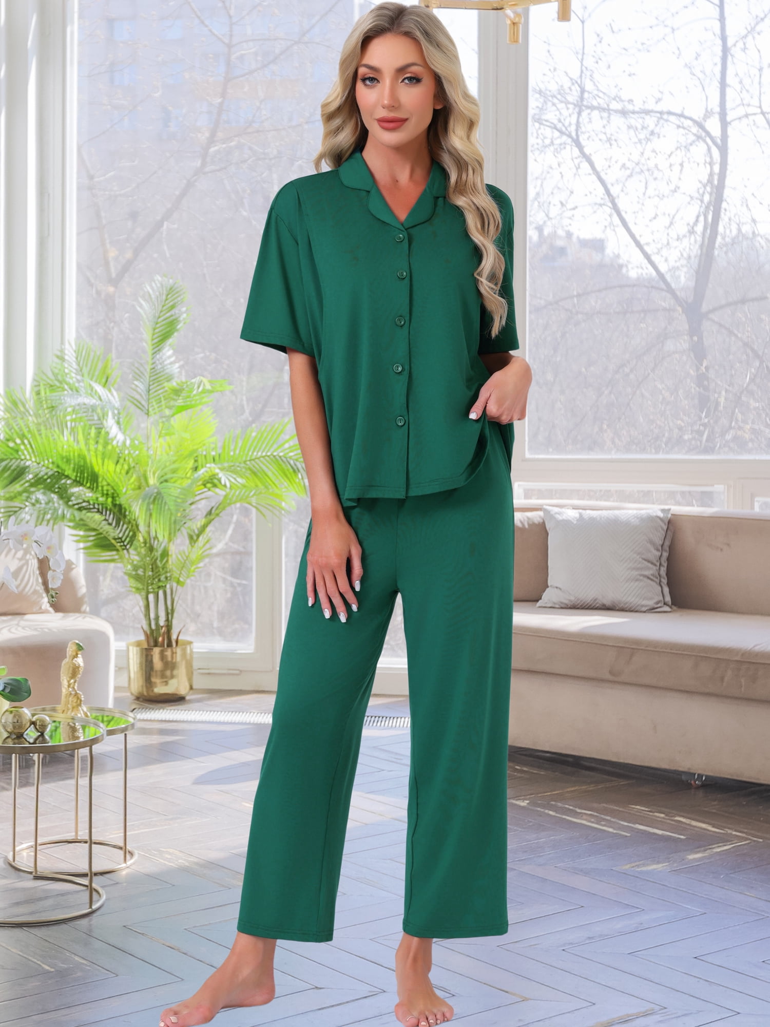 DARING DIVA Women's Maternity Nursing Pajama Sets Breastfeeding Button Down M Deep Green