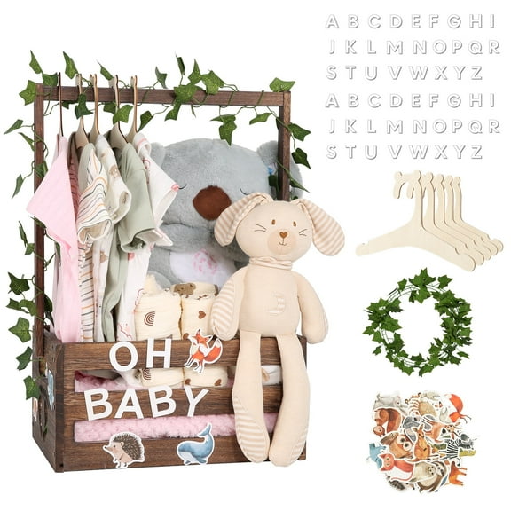 Baby Shower Gifts Basket Wooden Crate, Personalized Wooden Letters and Baby Clothes Hangers New Born Baby Girl Boy Gifts Vine Decorations Cute Closet with Handle Pregnancy Gifts for New Mom Parents