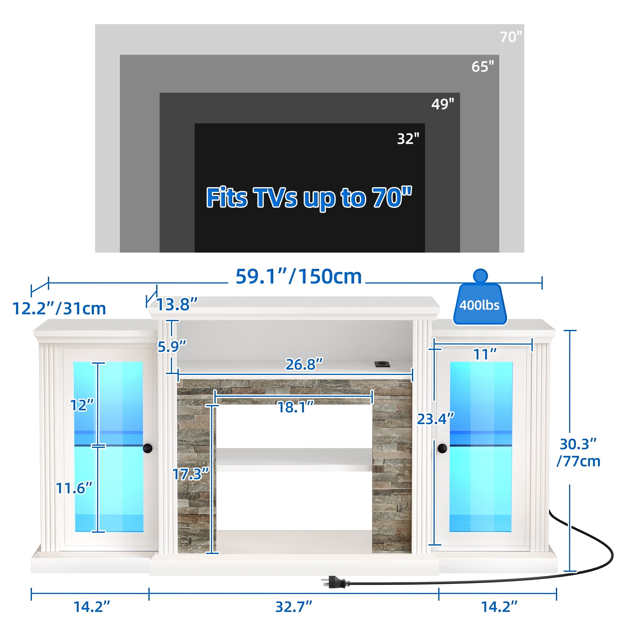 Uforic LED TV Stand w/Power Outlets for 65 55 Inch TV, TV Console Entertainment Center, White