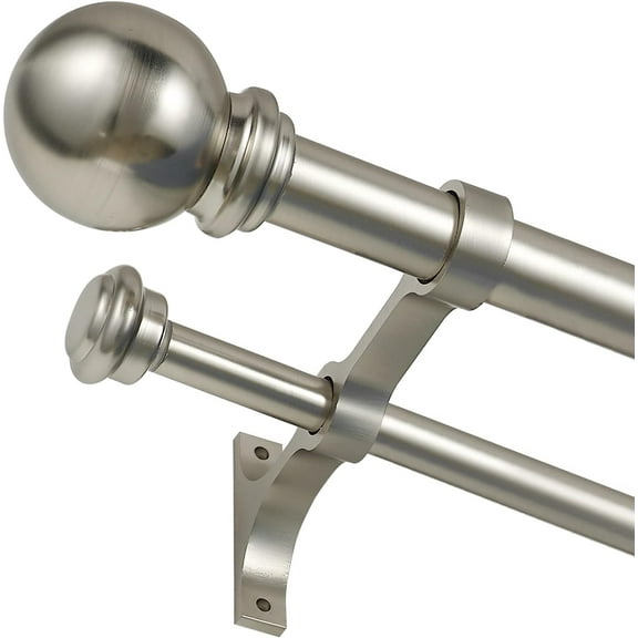 Double Curtain Rod 28 to 48 inch, Adjustable 1 inch Double Drapery Rod Rods for Windows and Doors with Ball Round Finials and Premium Aluminum Brackets Set (28-48",Brushed Nickel)