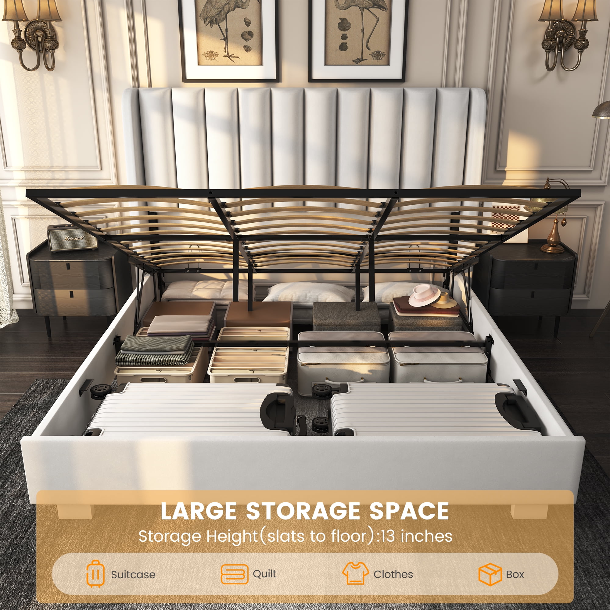 King Size Upholstered Lift Up Storage Bed Frame with 51" Tall Velvet Headboard, Wingback Platform Bed, Hydraulic Storage Base, No Box Spring Required, Noise-Free Double Low Profile Bed (King, White)