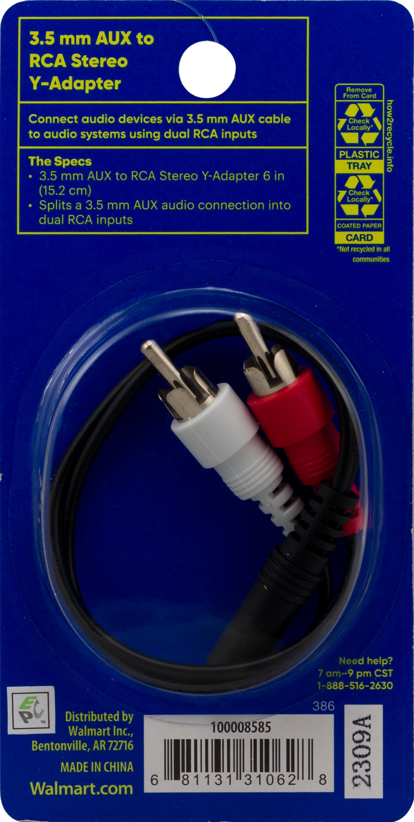 onn. 6" Aux-In to RCA Stereo Y-Adapter
