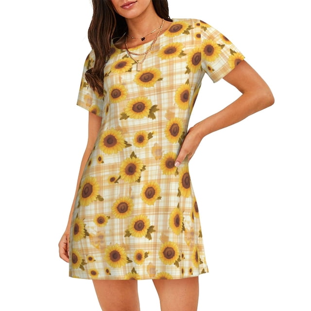 Disketp Coffee Plaid Sunflower para Camisón Corto de Manga Corta para Mujeres, Camisón Cómodo con Escote Redondo, Bonito y Confortable