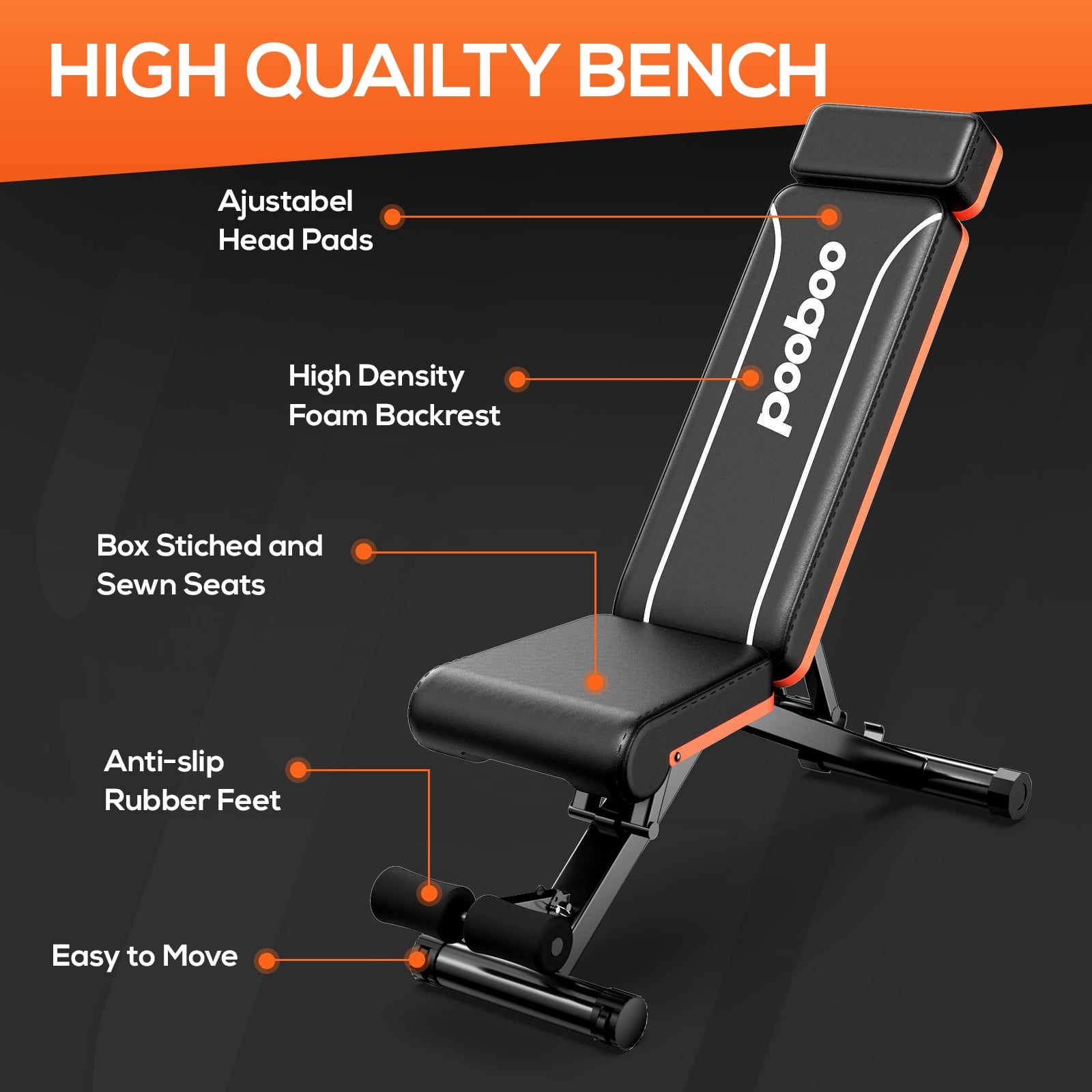 Pooboo Sturdy Foldable Weight Bench Adjustable Incline Strength Training Bench for Full Body Workout Home Gym 800lbs