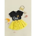 thumbnail image 5 of BemeyourBBs Infant Baby Girl First Birthday Outfit 1st Years Old Birthday Clothes Bee Letter Print Crew Neck Short Sleeve Romper Mesh Skirt and Bow Headband 3 Pcs Set, 5 of 9